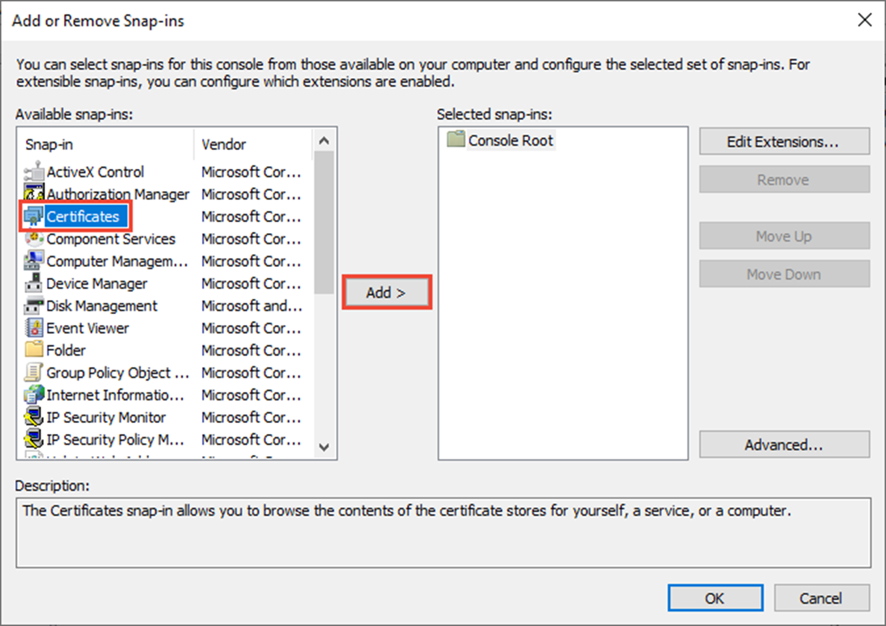 Adding Certificate in Snap-in - 1