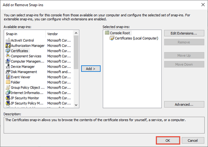 Adding Certificate in Snap-in - 2