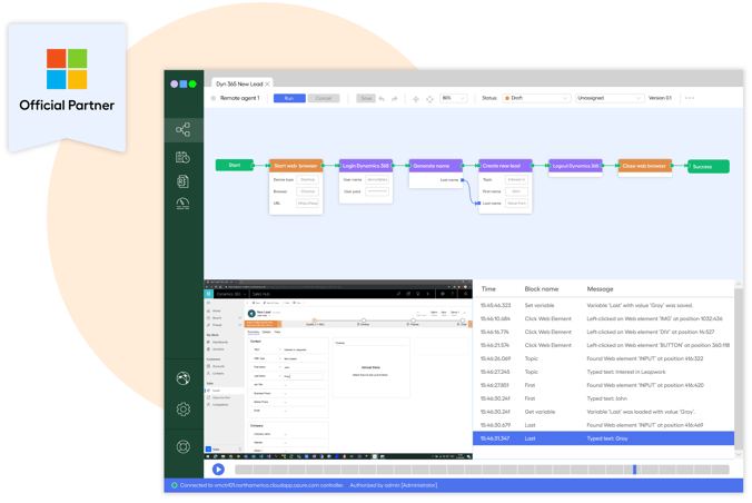 A product visual of the Leapwork Automation tool automating Leapwork and highlighted as a microsoft partner