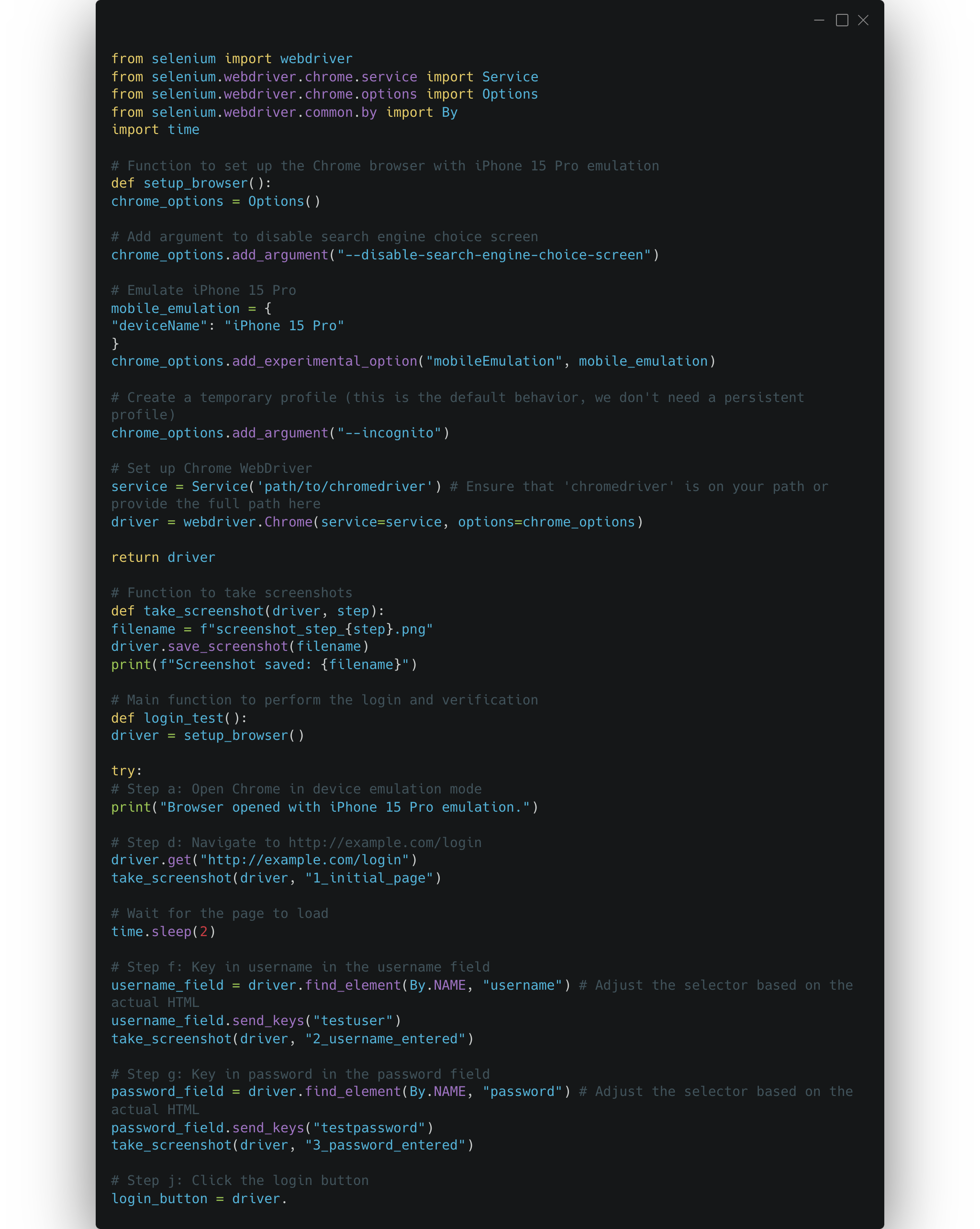 Selenium webdriver test script in Python