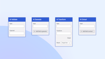 Four Leapwork AI blocks: validate, generate, transform, and extract
