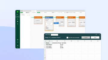 Image of the Leapwork platform and a spreadsheet used as a source for data-driven input