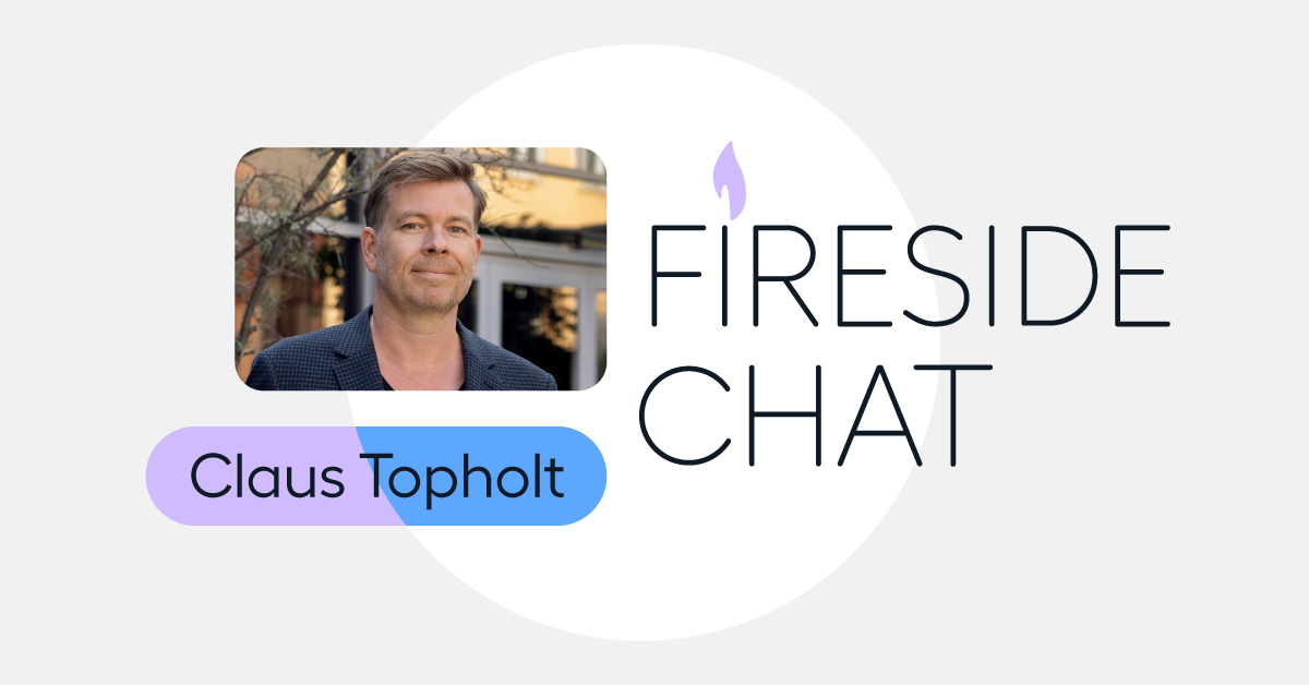 Promotional banner for a Fireside Chat featuring Claus Topholt, with his photo on the left and the event title on the right