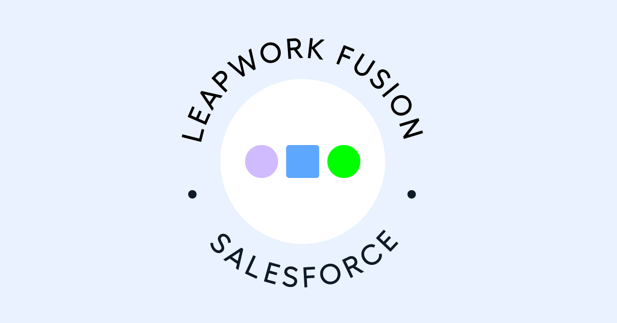 Leapwork Fusion featuring three shapes (a purple circle, blue square, and green circle) inside a white circle, with the text 'LEAPWORK FUSION' and 'SALESFORCE' surrounding it in a circular layout on a light blue background