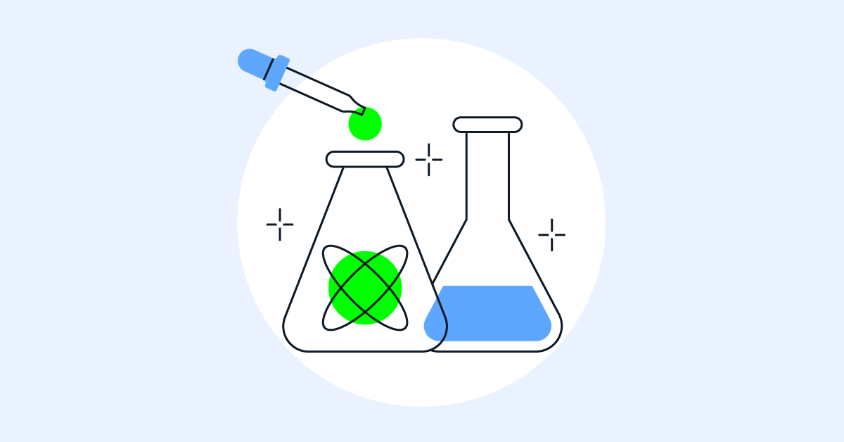 Illustration symbolizing Leapwork's Innovation Lab, featuring lab flasks with colorful liquids and a dropper, representing experimentation, automation, and innovation in testing