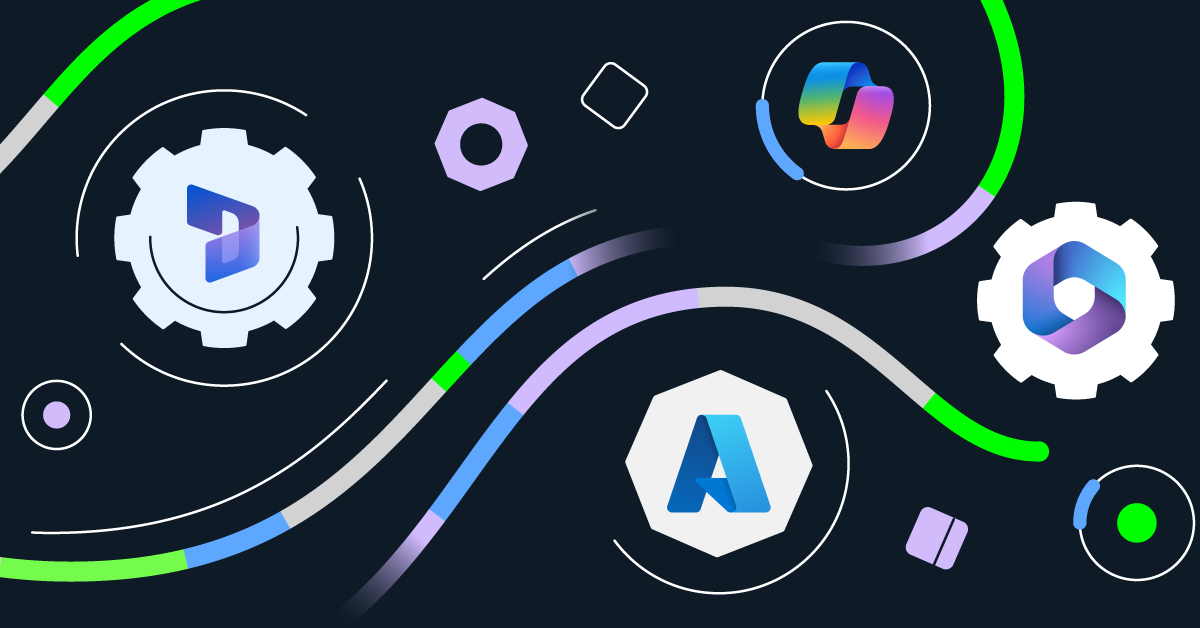 llustration featuring logos of Microsoft platforms and services—Dynamics 365, Power Platform, Azure, and Microsoft 365—interconnected by flowing lines, symbolizing integration and automation in enterprise software testing.